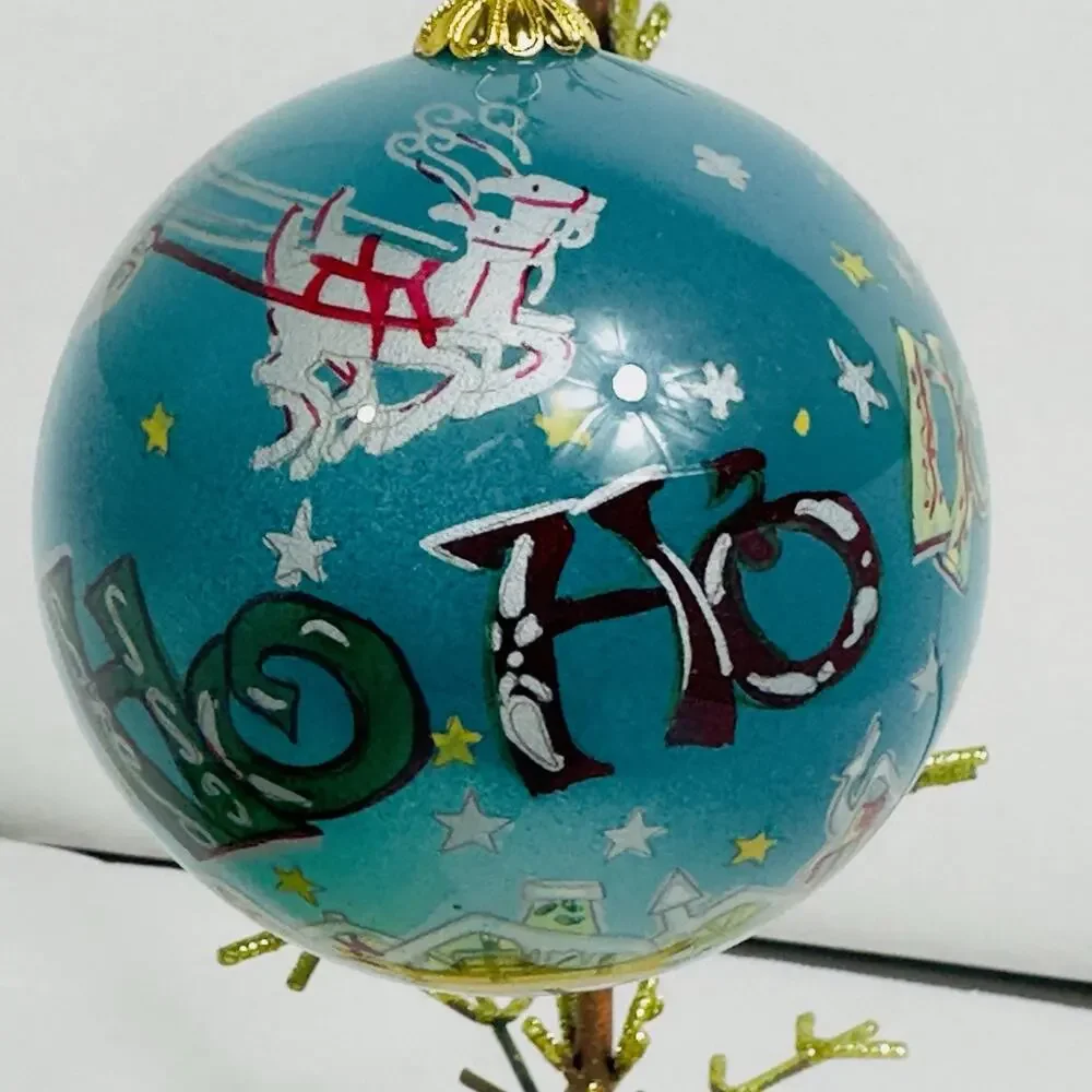 Pier 1 Li Bien 2009 Glass Ornament Santa Sleigh Reindeer Ho Ho Ho Inside Painted